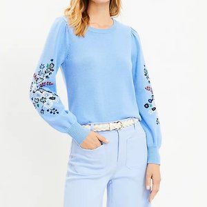 Petite Floral Embroidered Puff Sleeve Sweater from Loft Large Petite Light Blue